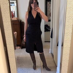 Classic Navy Halter Midi Dress with Front Slit